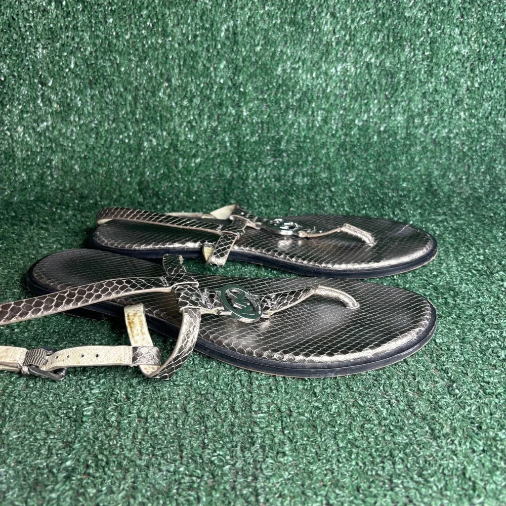 Michael Kors Plate Flat Snakeskin Embossed Leather Thong Sandals Pewter Women 10